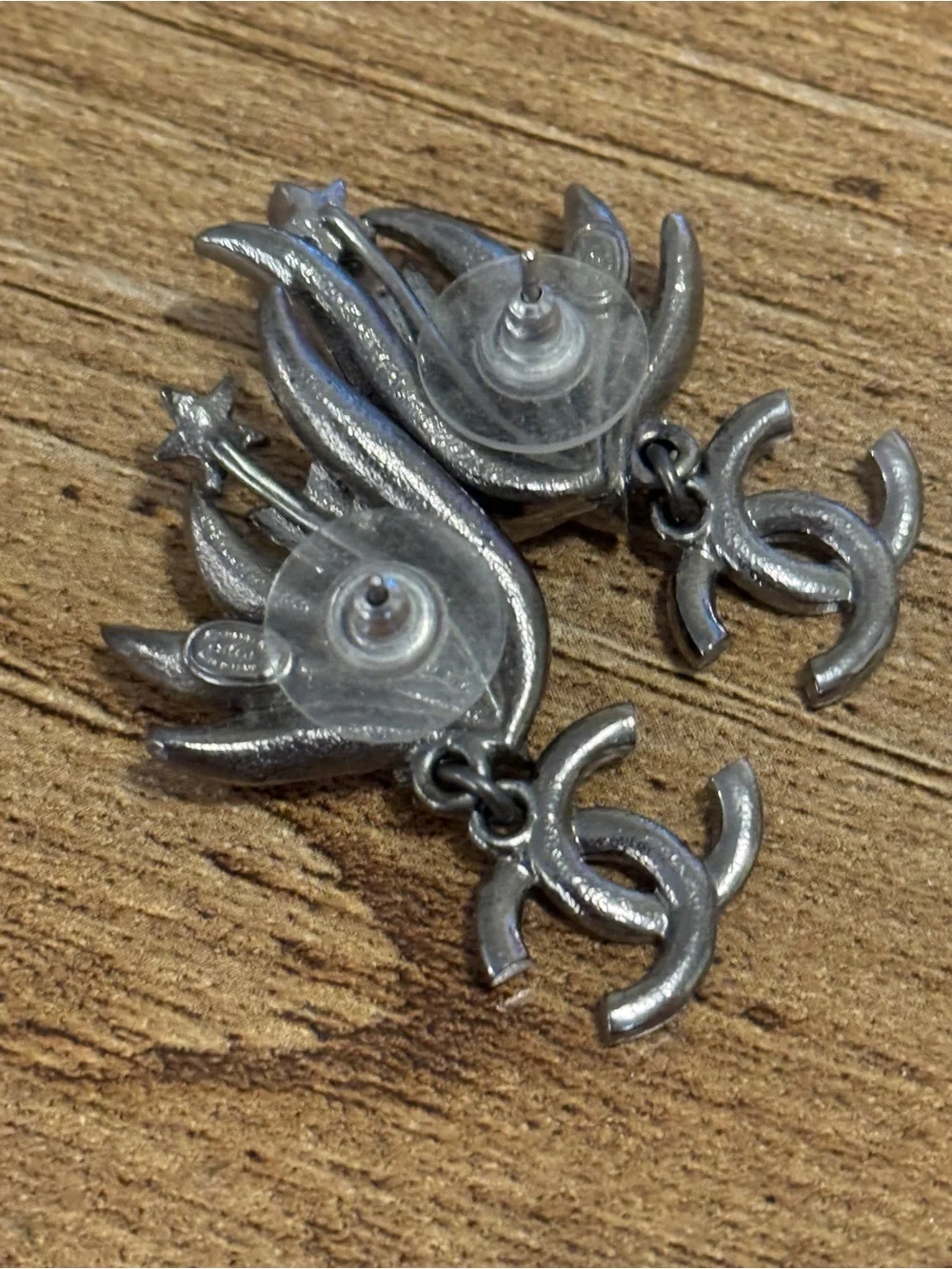 CHANEL Silver Crystal CC Comet Drop Earrings
